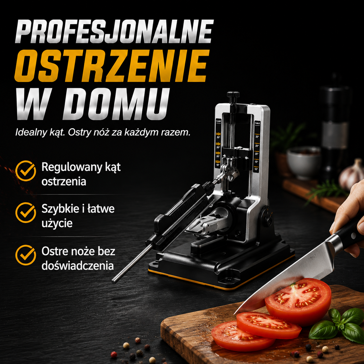 Precyzyjny system ostrzenia noży 15°–30°