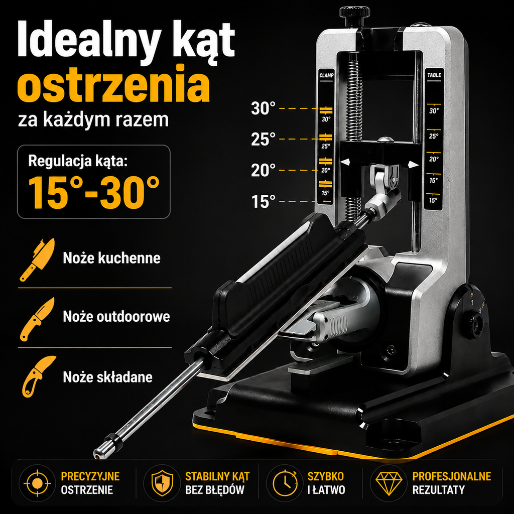 Precyzyjny system ostrzenia noży 15°–30°