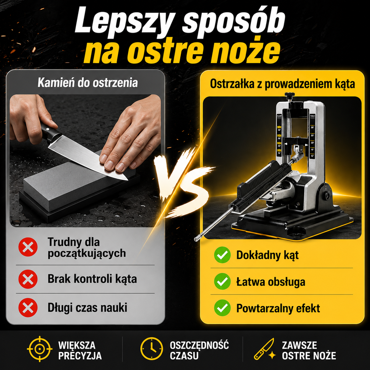 Precyzyjny system ostrzenia noży 15°–30°