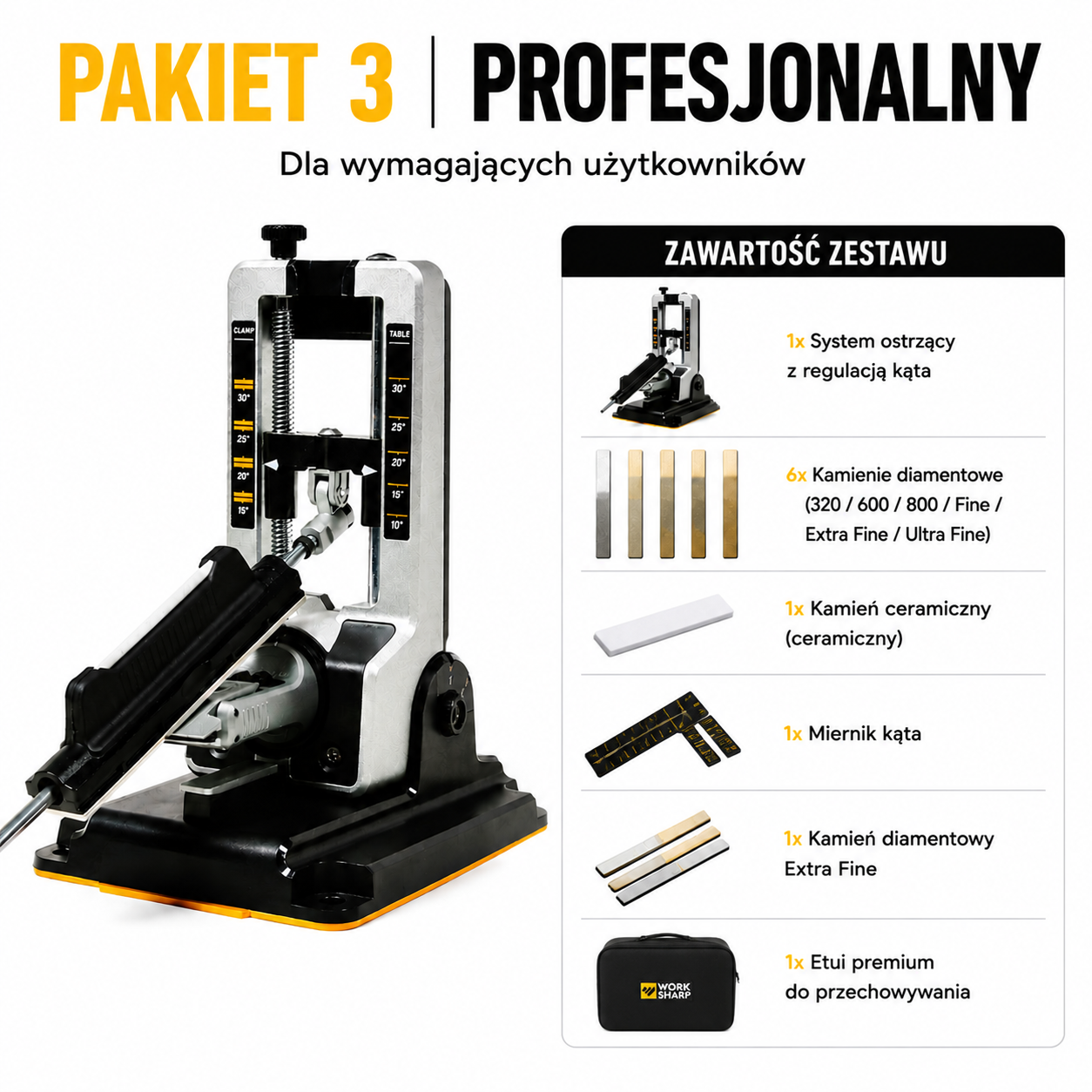 Precyzyjny system ostrzenia noży 15°–30°